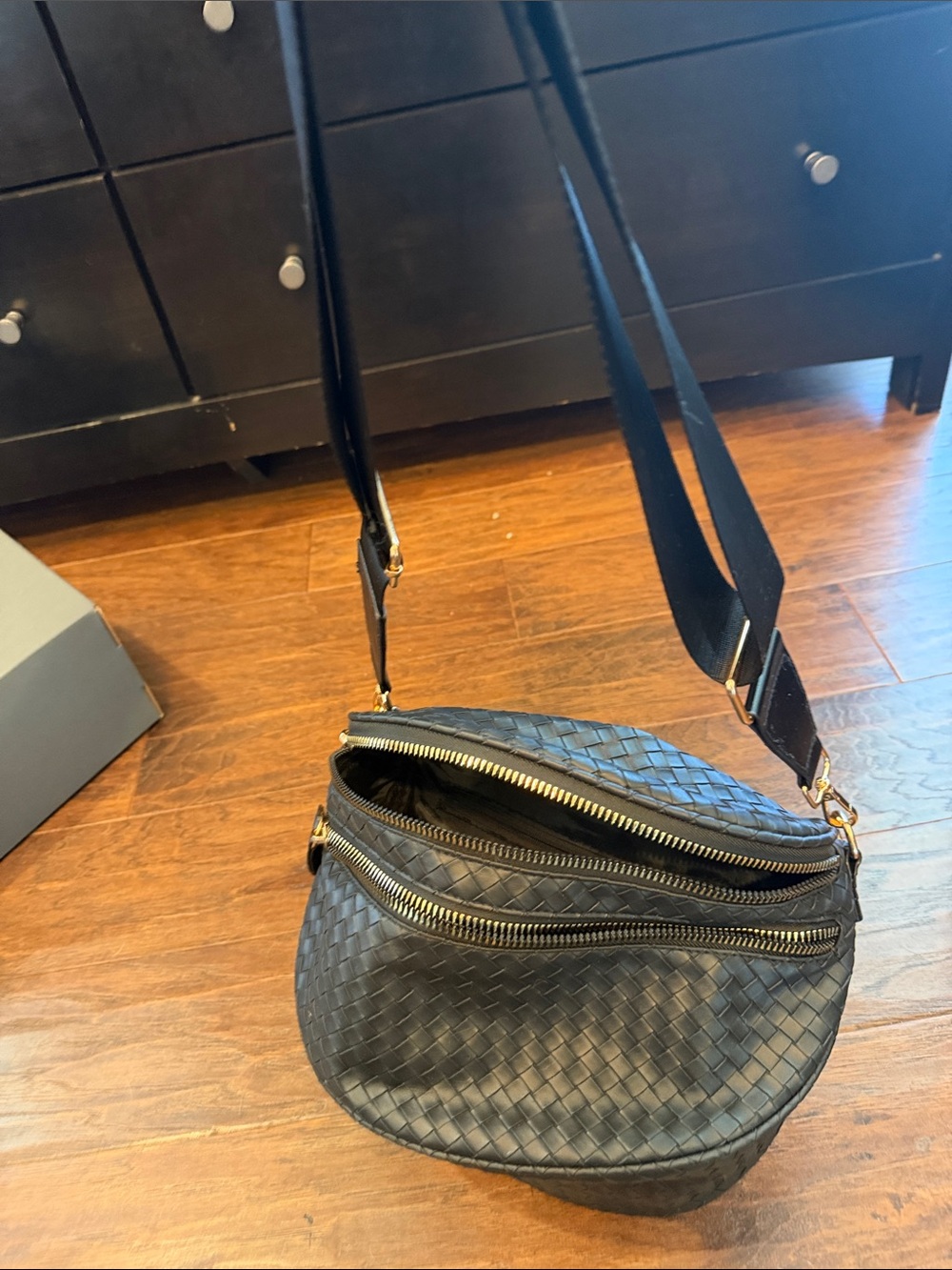 Black Woven Crossbody Bag with Gold Hardware